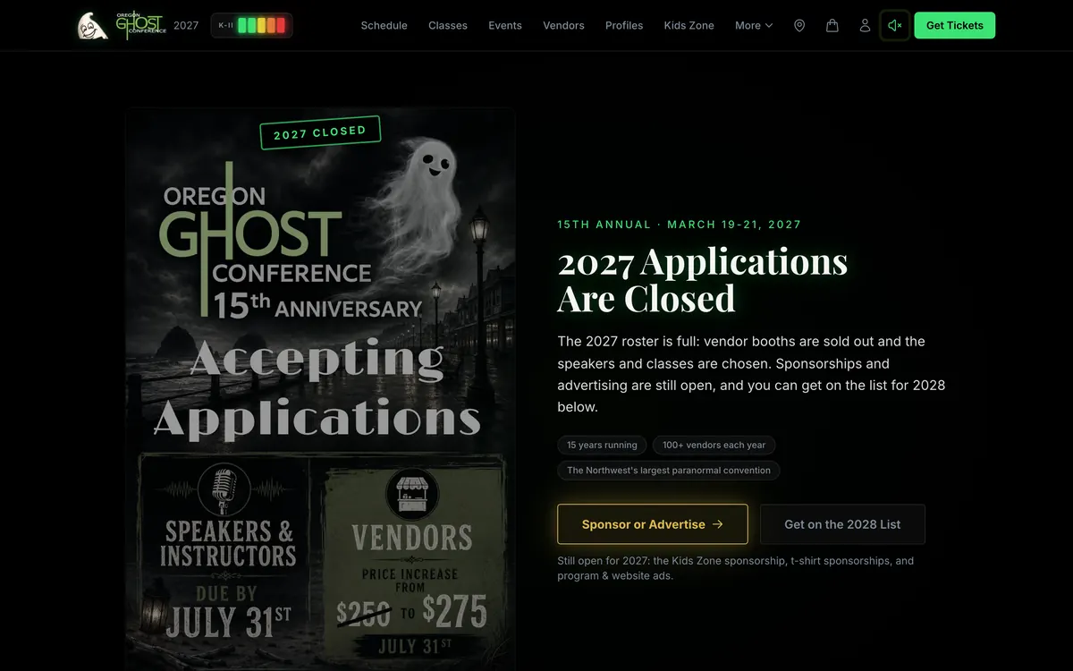 The 2027 application page after the cycle closed: the roster came back full, vendor booths sold out, and sponsorships stay open through the native form.