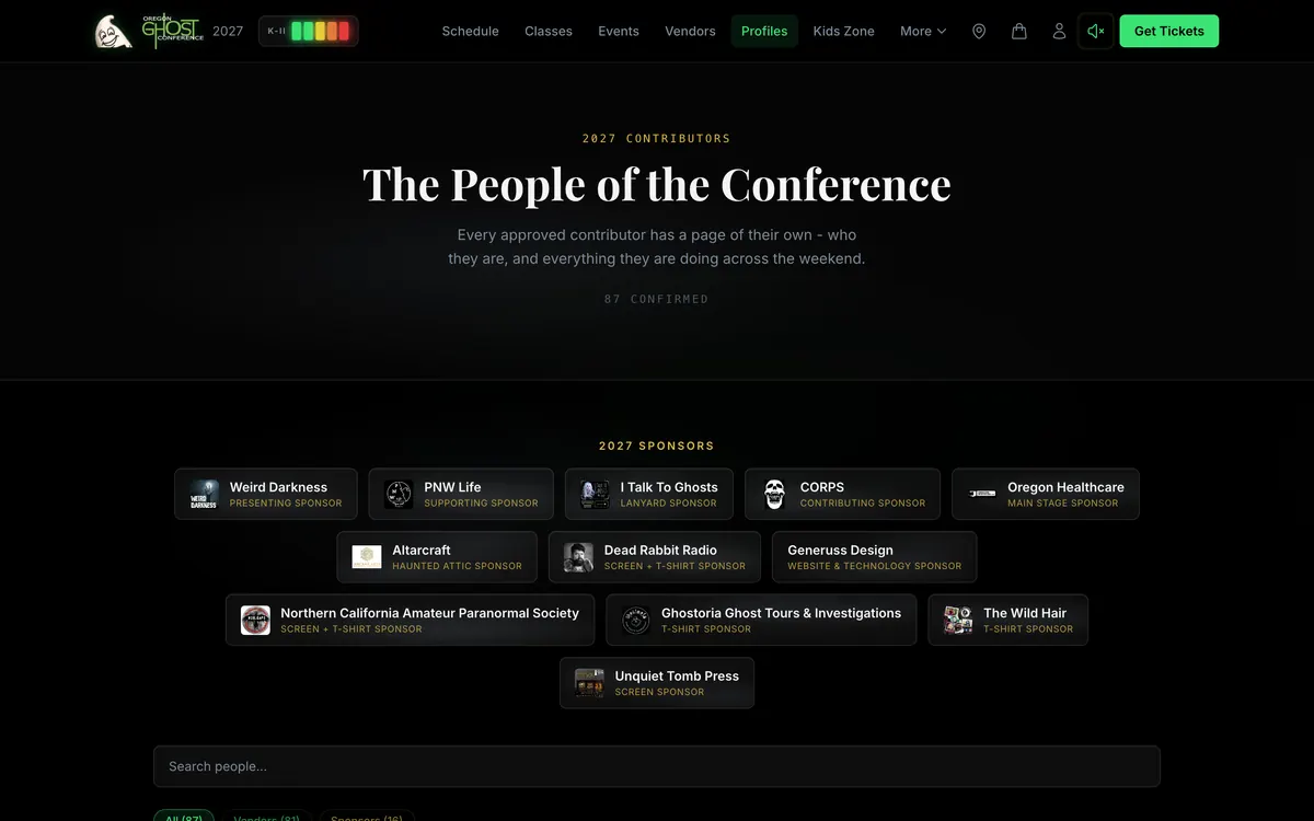 The People of the Conference: every confirmed contributor gets a page of their own, and the sponsor wall at the top is built from paid tiers.