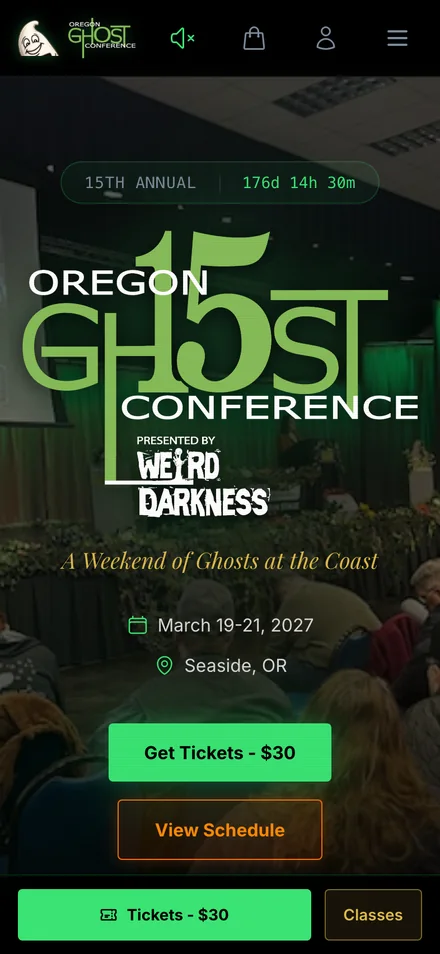 The Oregon Ghost Conference website on mobile